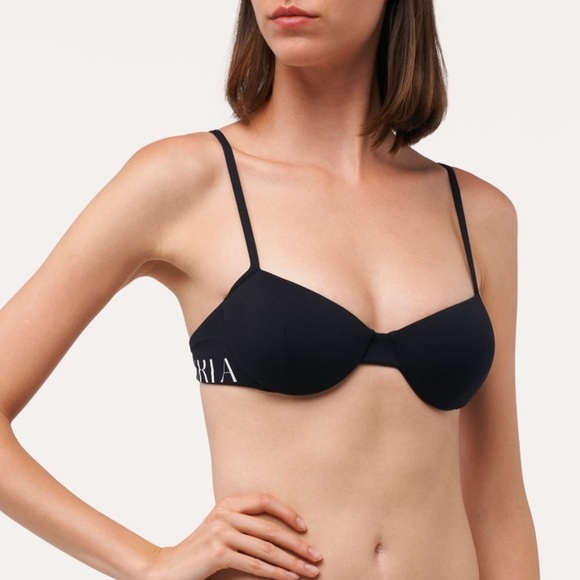 LA PERLA Balconette Bikini Black White Logo Strap Halter Light Padding Underwire - Picture 2 of 10